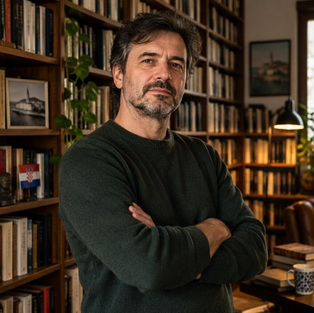 Croatian male author standing in his home library