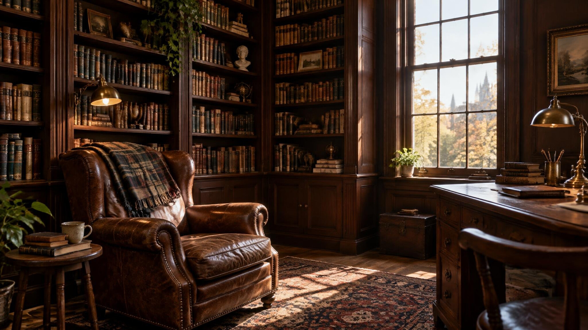 Cozy home library with tall wooden bookshelves filled with books