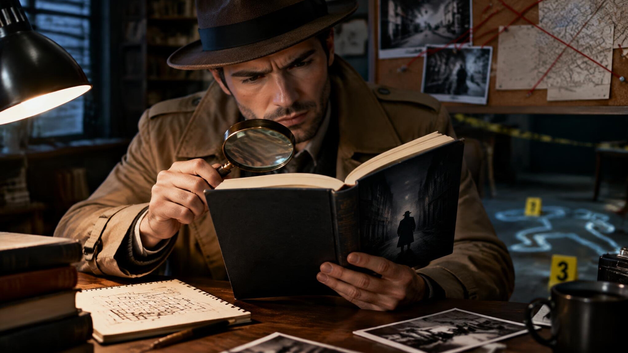 detective reading mystery book