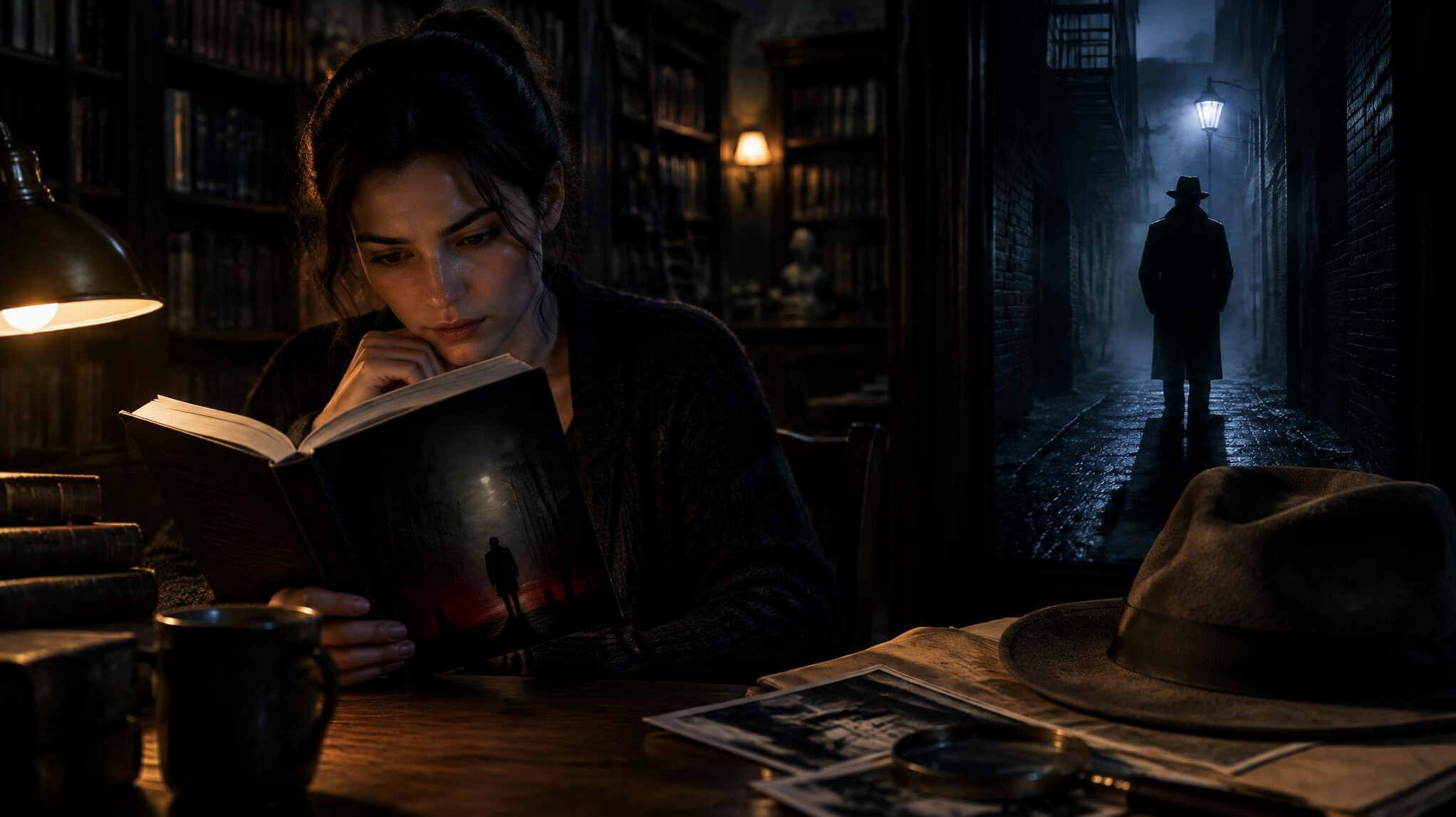 woman reading thriller at night