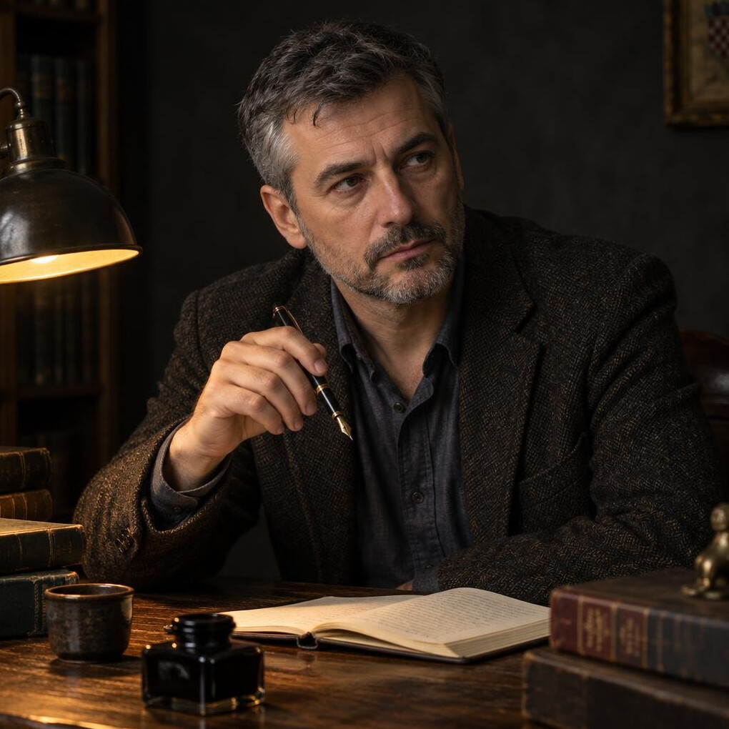 Portrait of a Croatian male mystery writer sitting at a wooden desk with a lamp