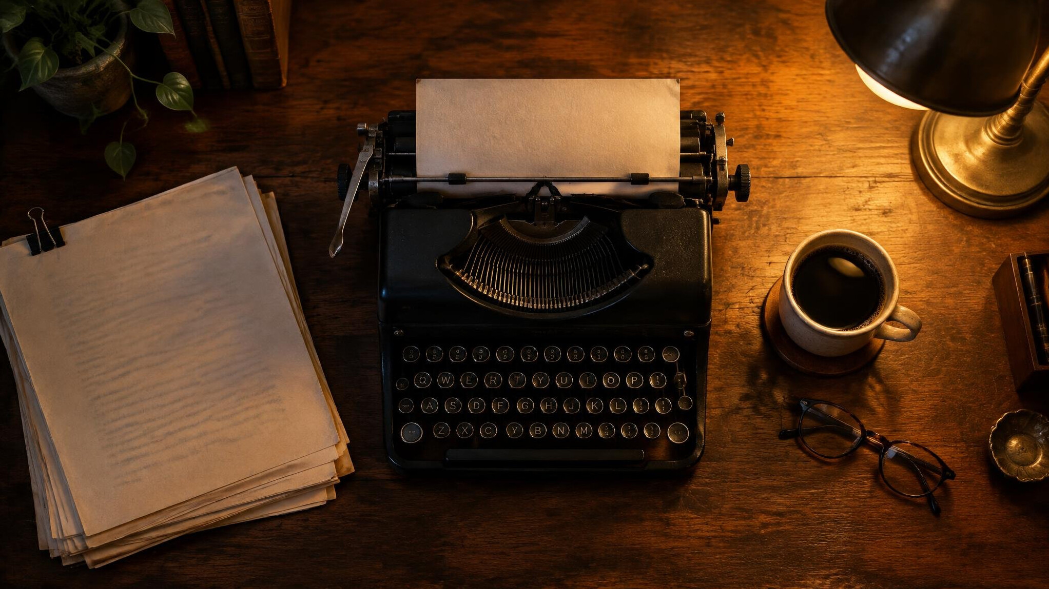 Overhead view of a wooden writing desk with an old typewriter and manuscript pages