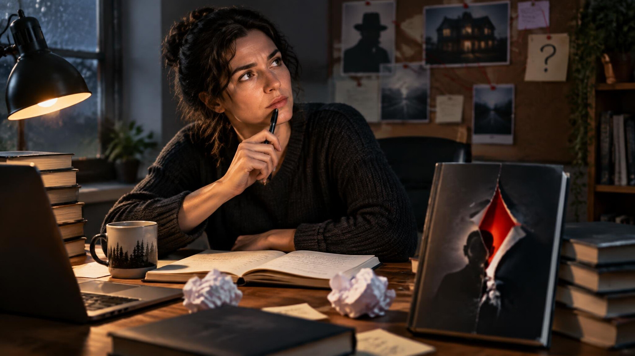 mystery writer at desk