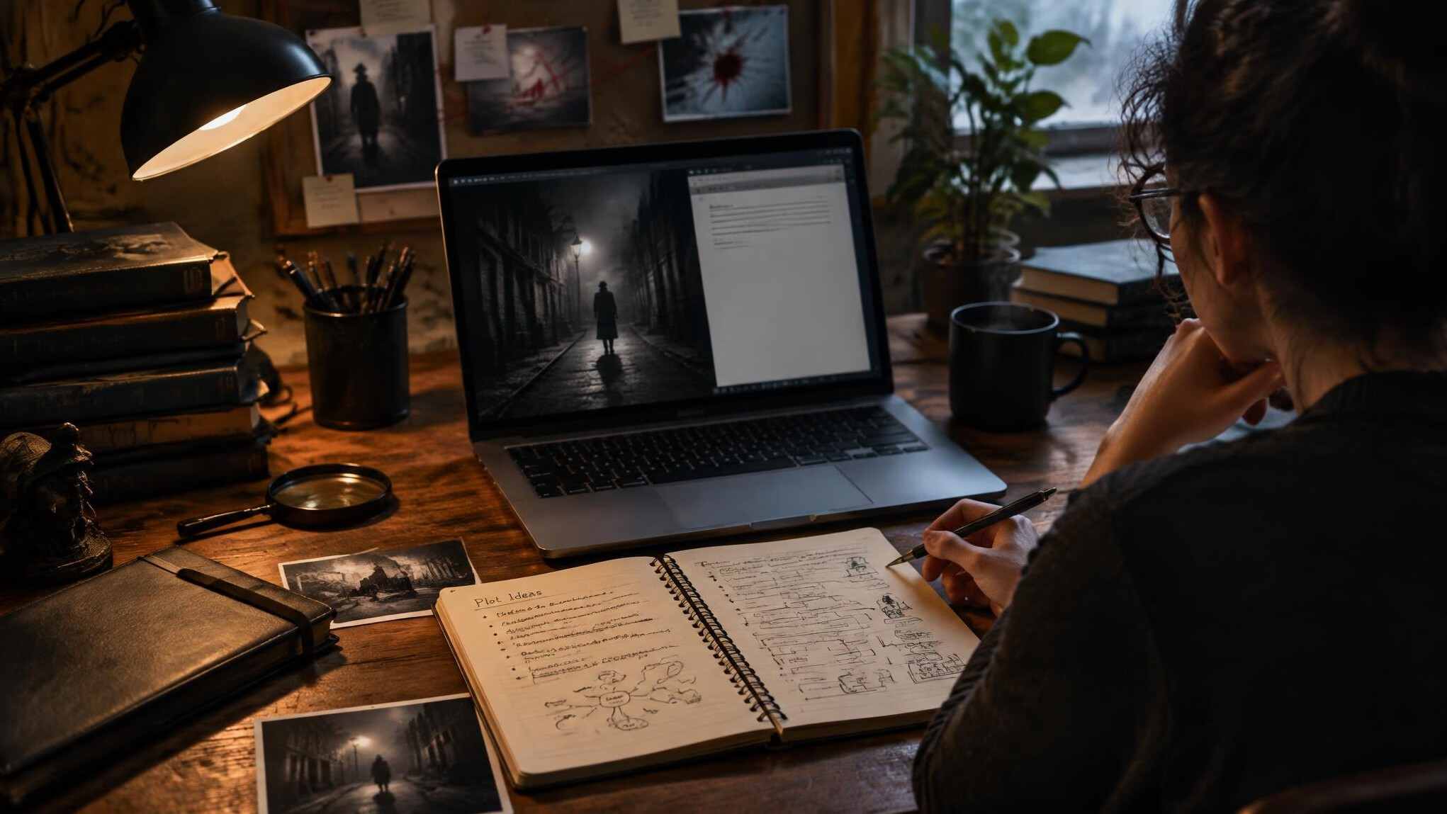 crime writer desk setup